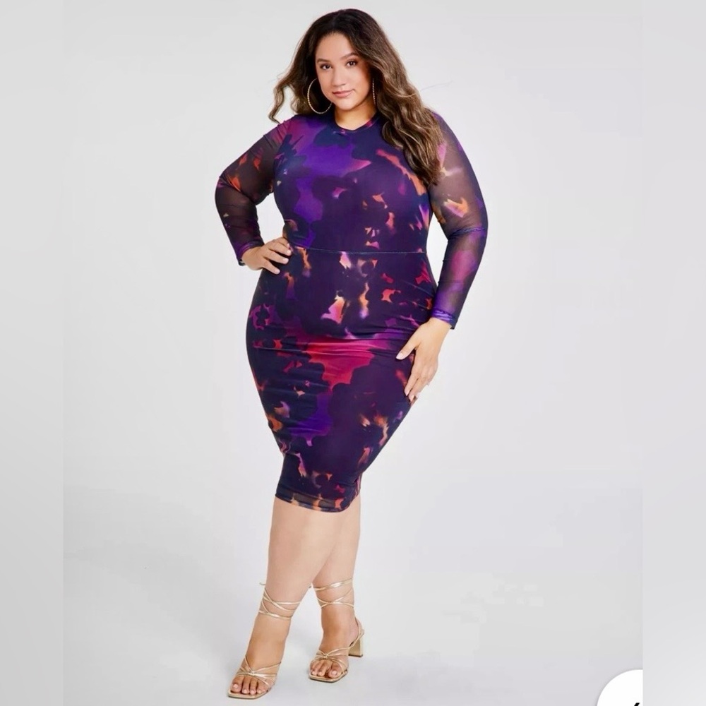 NWT Nina Parker Vibrant Purple Bodycon Long Sleeve Dress in 0X.  Mesh Sleeves